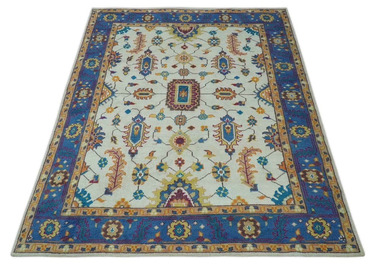 Ivory and Blue Hand Knotted Traditional Design 8x10 wool Area Rug