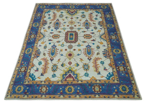 Ivory and Blue Hand Knotted Traditional Design 8x10 wool Area Rug