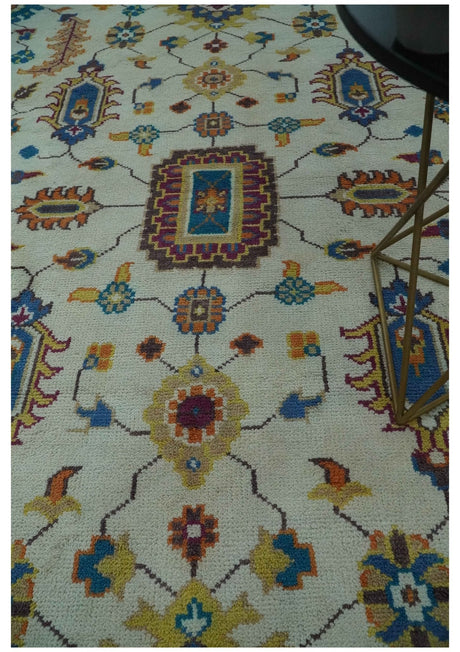 Ivory and Blue Hand Knotted Traditional Design 8x10 wool Area Rug