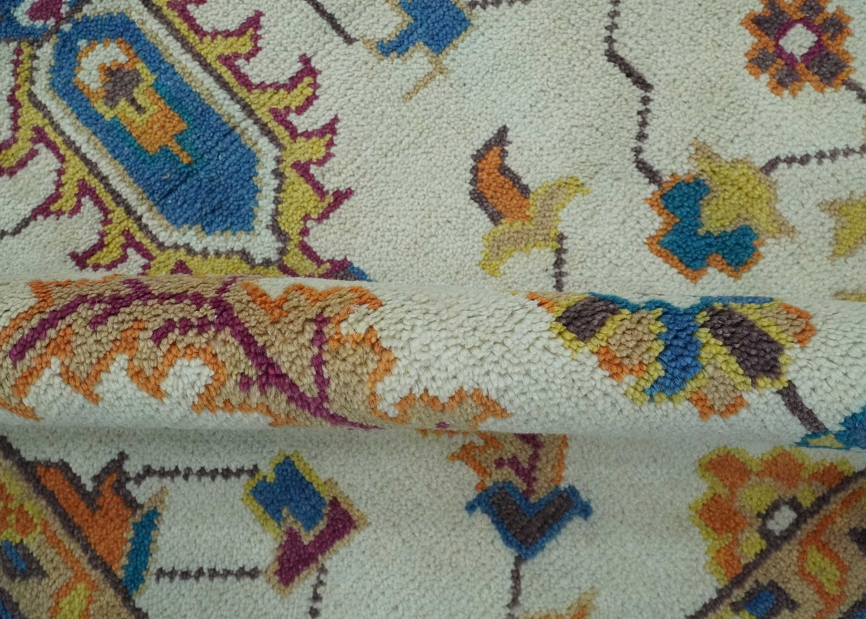 Ivory and Blue Hand Knotted Traditional Design 8x10 wool Area Rug