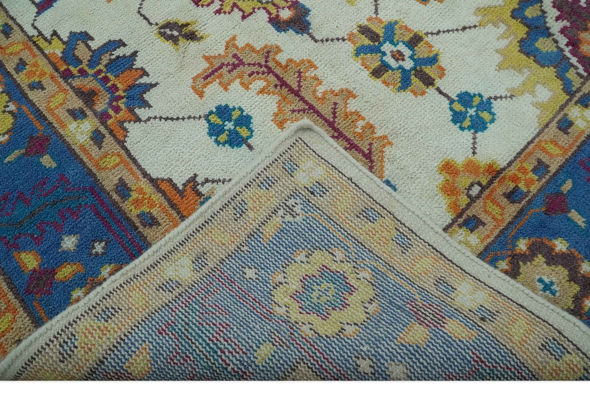 Ivory and Blue Hand Knotted Traditional Design 8x10 wool Area Rug