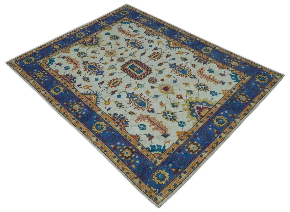 Ivory and Blue Hand Knotted Traditional Design 8x10 wool Area Rug