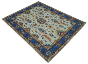 Ivory and Blue Hand Knotted Traditional Design 8x10 wool Area Rug