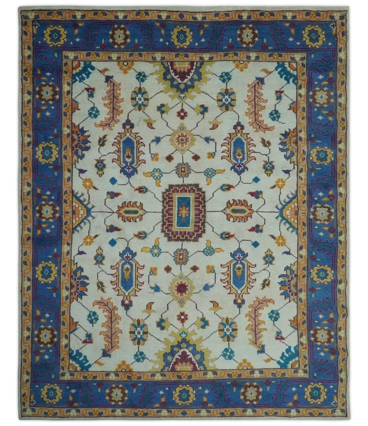 Ivory and Blue Hand Knotted Traditional Design 8x10 wool Area Rug