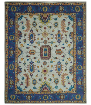 Ivory and Blue Hand Knotted Traditional Design 8x10 wool Area Rug