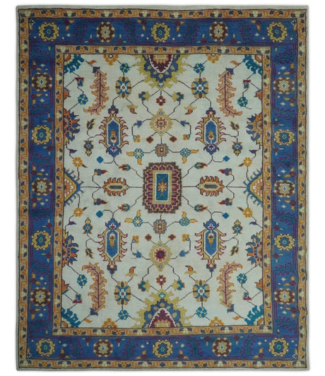 Ivory and Blue Hand Knotted Traditional Design 8x10 wool Area Rug