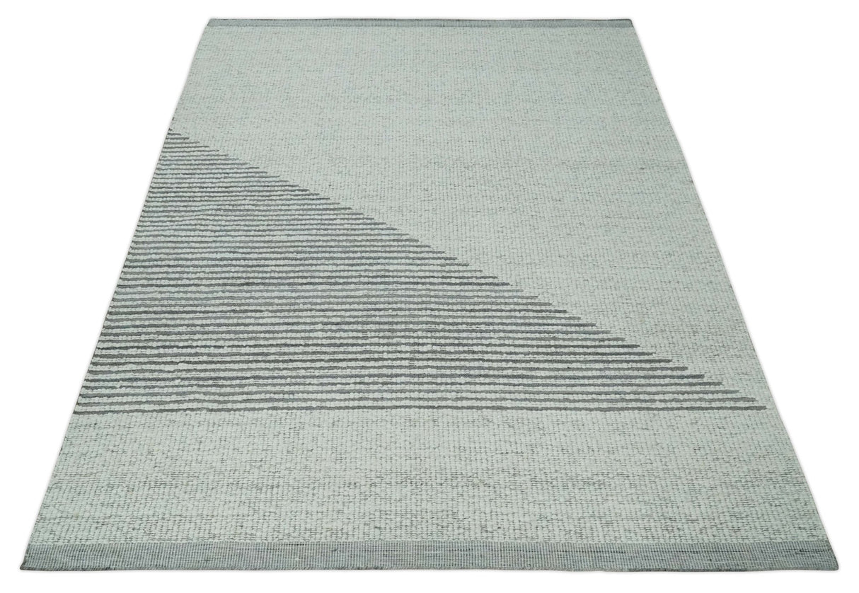 Ivory and Charcoal Traditional Stripes Hand Knotted 8x10 Wool Area Rug