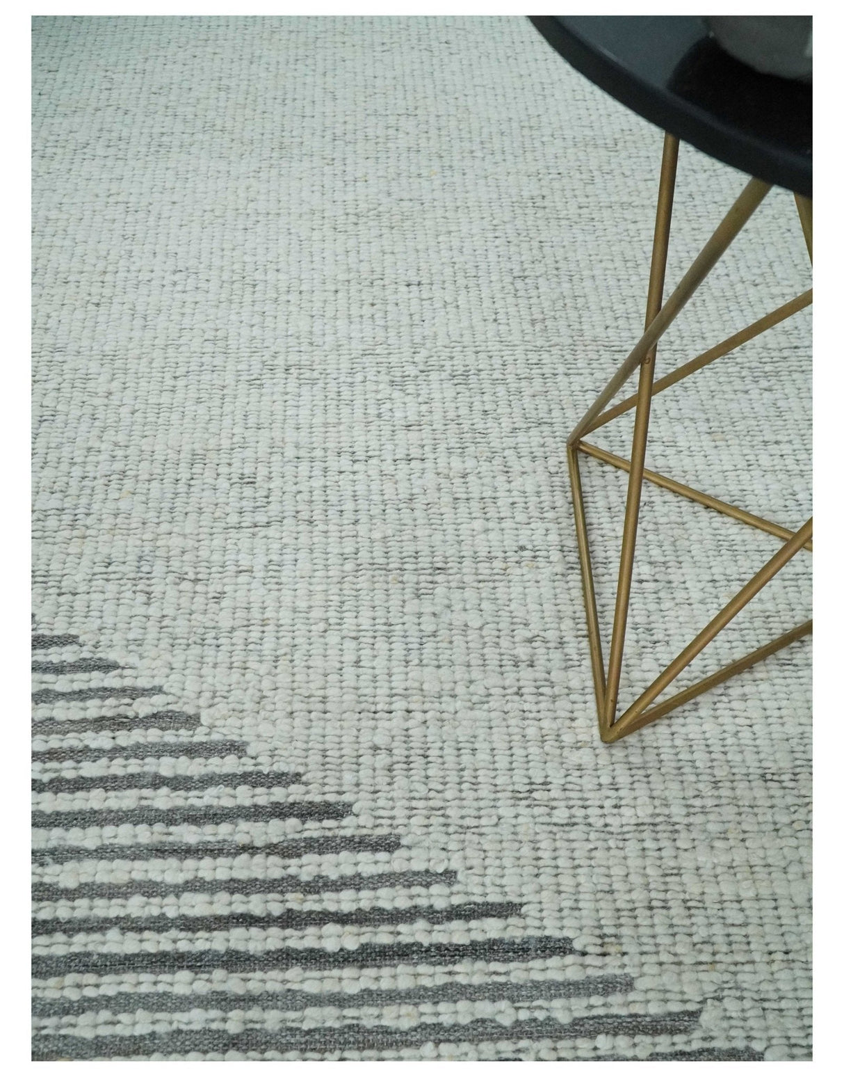 Ivory and Charcoal Traditional Stripes Hand Knotted 8x10 Wool Area Rug