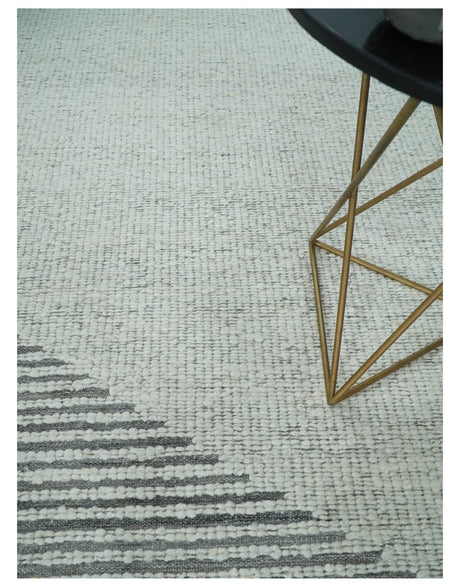 Ivory and Charcoal Traditional Stripes Hand Knotted 8x10 Wool Area Rug