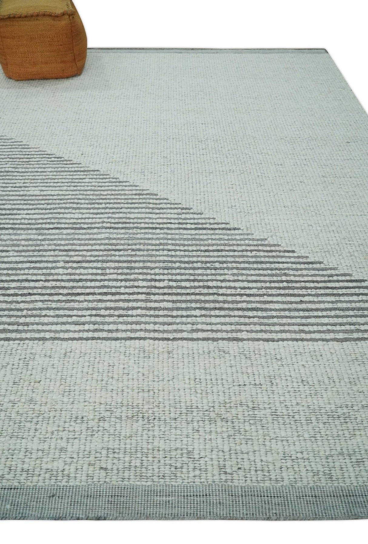 Ivory and Charcoal Traditional Stripes Hand Knotted 8x10 Wool Area Rug