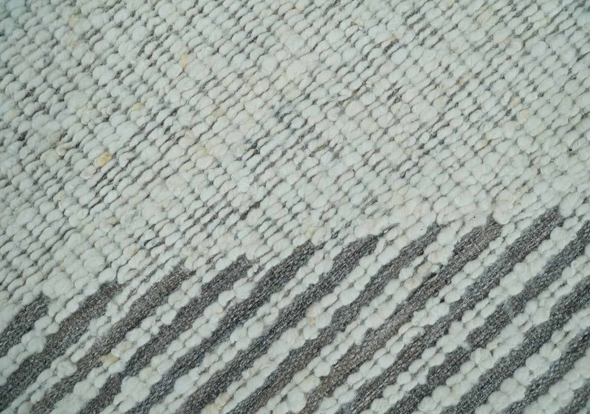 Ivory and Charcoal Traditional Stripes Hand Knotted 8x10 Wool Area Rug