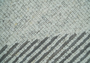 Ivory and Charcoal Traditional Stripes Hand Knotted 8x10 Wool Area Rug