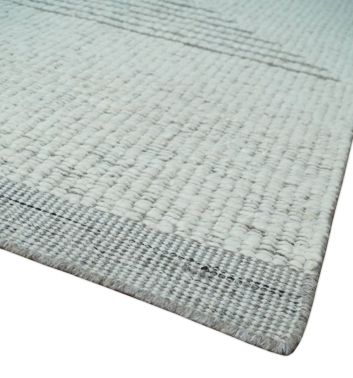 Ivory and Charcoal Traditional Stripes Hand Knotted 8x10 Wool Area Rug
