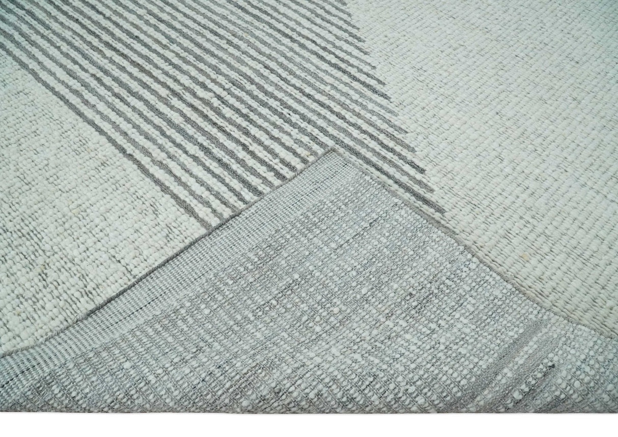 Ivory and Charcoal Traditional Stripes Hand Knotted 8x10 Wool Area Rug