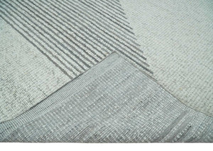 Ivory and Charcoal Traditional Stripes Hand Knotted 8x10 Wool Area Rug