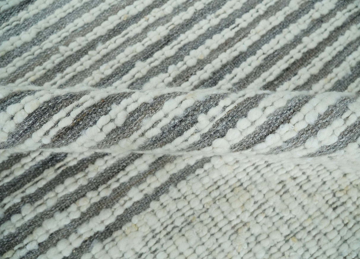Ivory and Charcoal Traditional Stripes Hand Knotted 8x10 Wool Area Rug