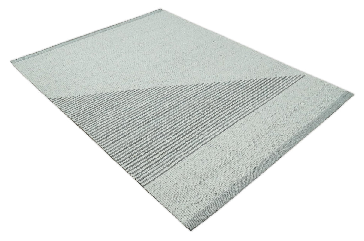 Ivory and Charcoal Traditional Stripes Hand Knotted 8x10 Wool Area Rug