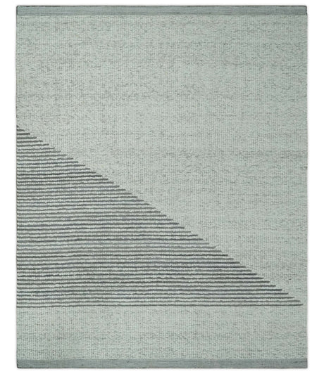 Ivory and Charcoal Traditional Stripes Hand Knotted 8x10 Wool Area Rug
