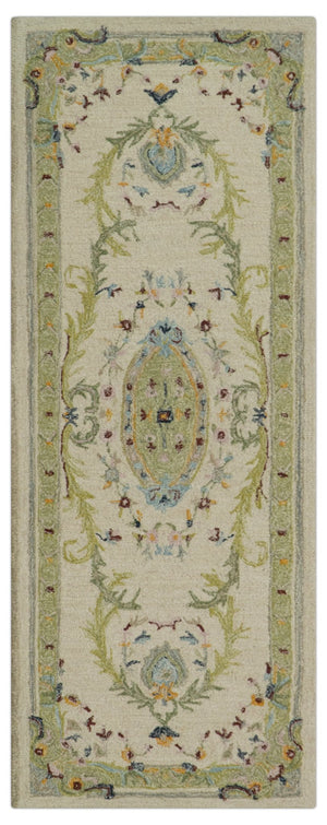 Ivory and Green Custom Made French Design Aubusson Hand Tufted Wool Area Rug