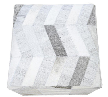 Ivory and Silver Square Leather Pouf Ottoman, Chevron Pouf, Footstool, Side table, Seat , Foot Rest, Living Room, Bedroom | TRD107