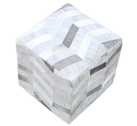Ivory and Silver Square Leather Pouf Ottoman, Chevron Pouf, Footstool, Side table, Seat , Foot Rest, Living Room, Bedroom | TRD107