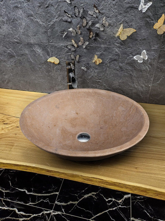 Karina Walnut Travertine Natural Stone Oval Shape Above Vanity Bathroom Vessel Sink