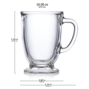 Kona Glass Coffee Mugs, 16 ounce, Set of 6