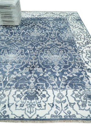 Large 8x10 Fine Hand Knotted Blue and Ivory Traditional Ikat Design Antique Floral Bamboo Silk Rug | TRDCP513810