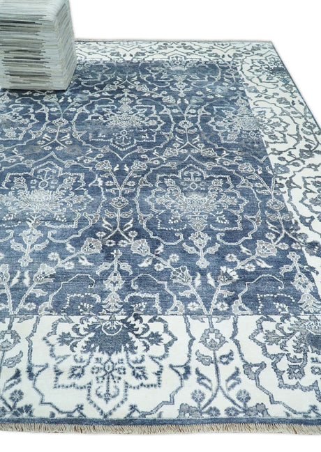 Large 8x10 Fine Hand Knotted Blue and Ivory Traditional Ikat Design Antique Floral Bamboo Silk Rug | TRDCP513810