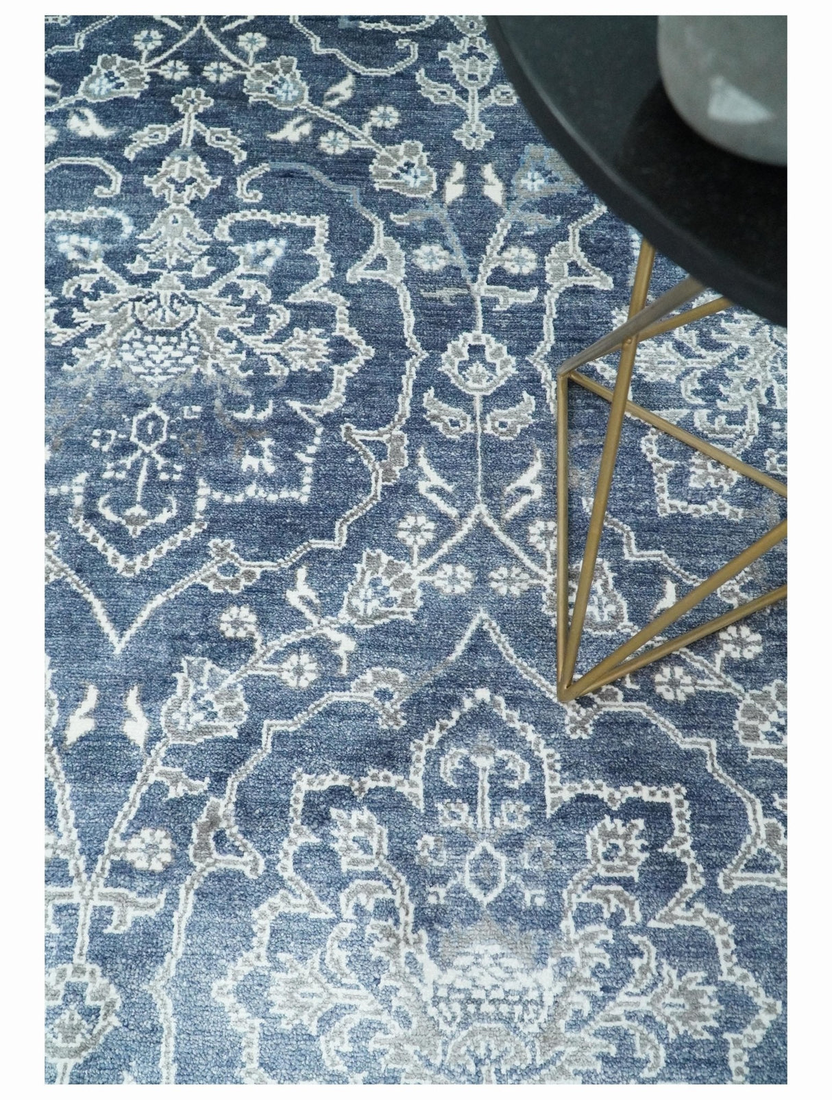 Large 8x10 Fine Hand Knotted Blue and Ivory Traditional Ikat Design Antique Floral Bamboo Silk Rug | TRDCP513810