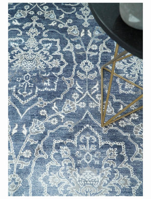 Large 8x10 Fine Hand Knotted Blue and Ivory Traditional Ikat Design Antique Floral Bamboo Silk Rug | TRDCP513810