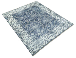 Large 8x10 Fine Hand Knotted Blue and Ivory Traditional Ikat Design Antique Floral Bamboo Silk Rug | TRDCP513810