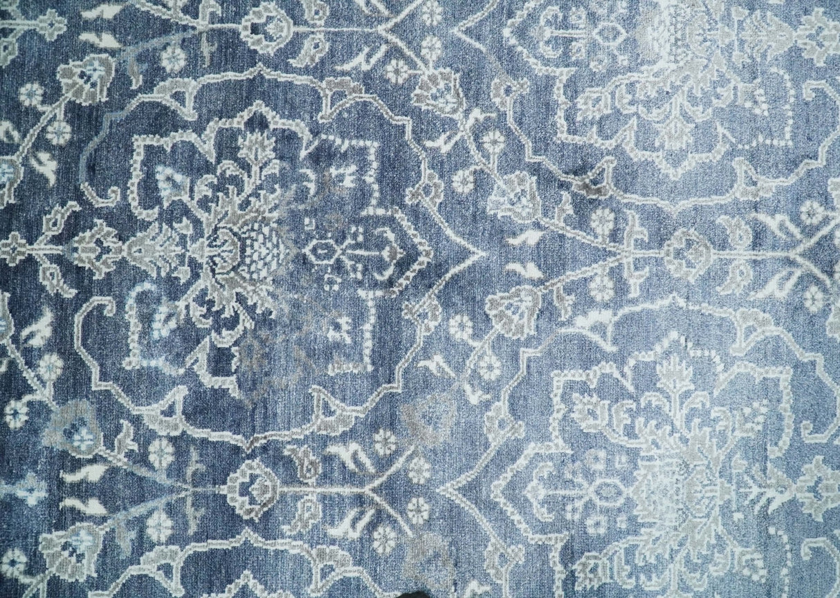 Large 8x10 Fine Hand Knotted Blue and Ivory Traditional Ikat Design Antique Floral Bamboo Silk Rug | TRDCP513810