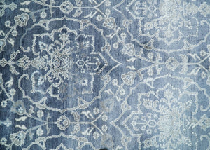 Large 8x10 Fine Hand Knotted Blue and Ivory Traditional Ikat Design Antique Floral Bamboo Silk Rug | TRDCP513810