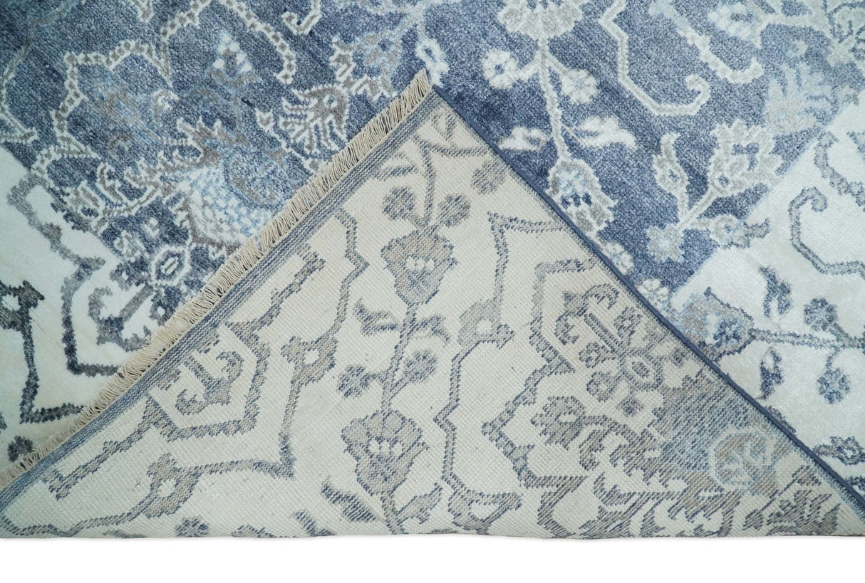 Large 8x10 Fine Hand Knotted Blue and Ivory Traditional Ikat Design Antique Floral Bamboo Silk Rug | TRDCP513810