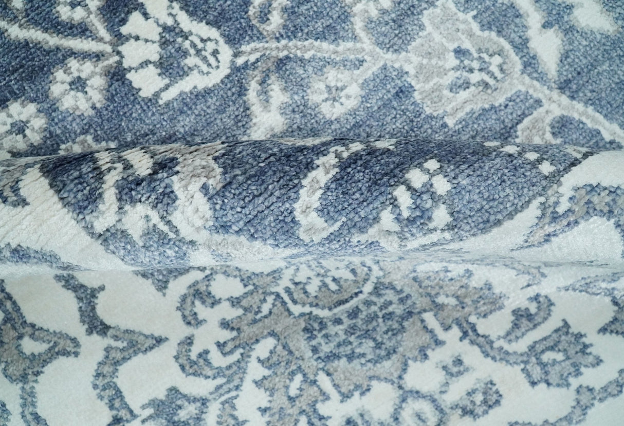 Large 8x10 Fine Hand Knotted Blue and Ivory Traditional Ikat Design Antique Floral Bamboo Silk Rug | TRDCP513810