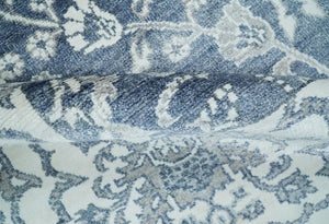 Large 8x10 Fine Hand Knotted Blue and Ivory Traditional Ikat Design Antique Floral Bamboo Silk Rug | TRDCP513810