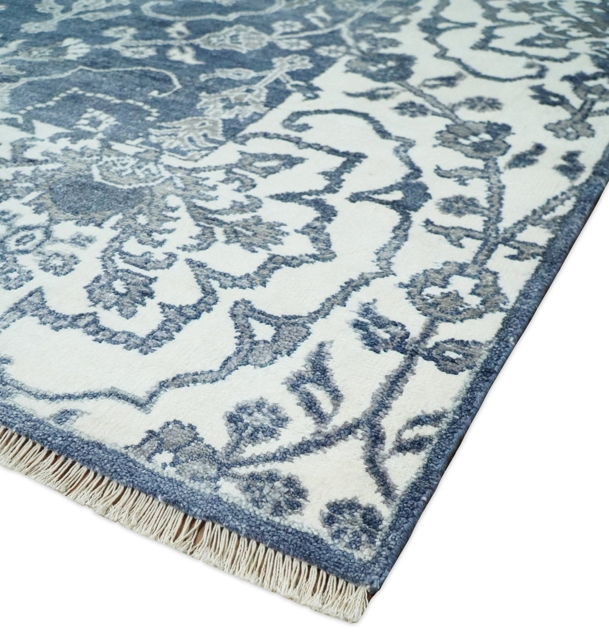 Large 8x10 Fine Hand Knotted Blue and Ivory Traditional Ikat Design Antique Floral Bamboo Silk Rug | TRDCP513810