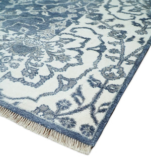 Large 8x10 Fine Hand Knotted Blue and Ivory Traditional Ikat Design Antique Floral Bamboo Silk Rug | TRDCP513810