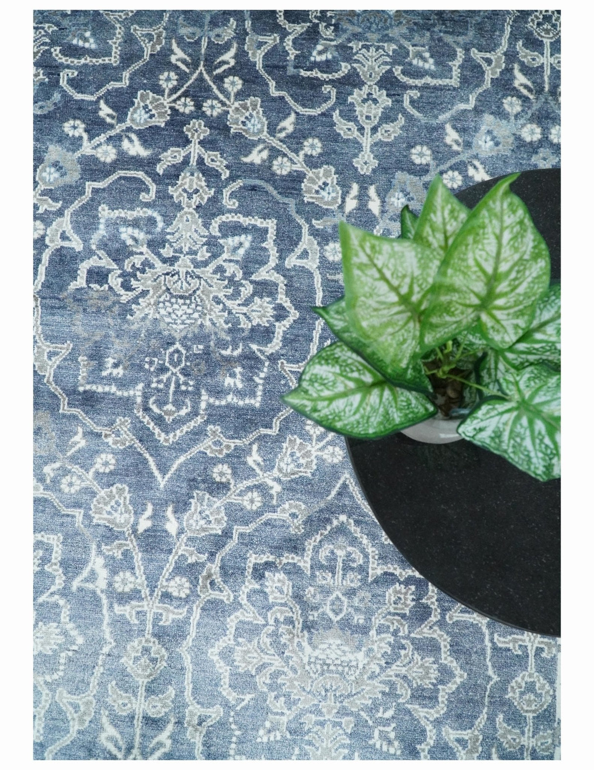 Large 8x10 Fine Hand Knotted Blue and Ivory Traditional Ikat Design Antique Floral Bamboo Silk Rug | TRDCP513810