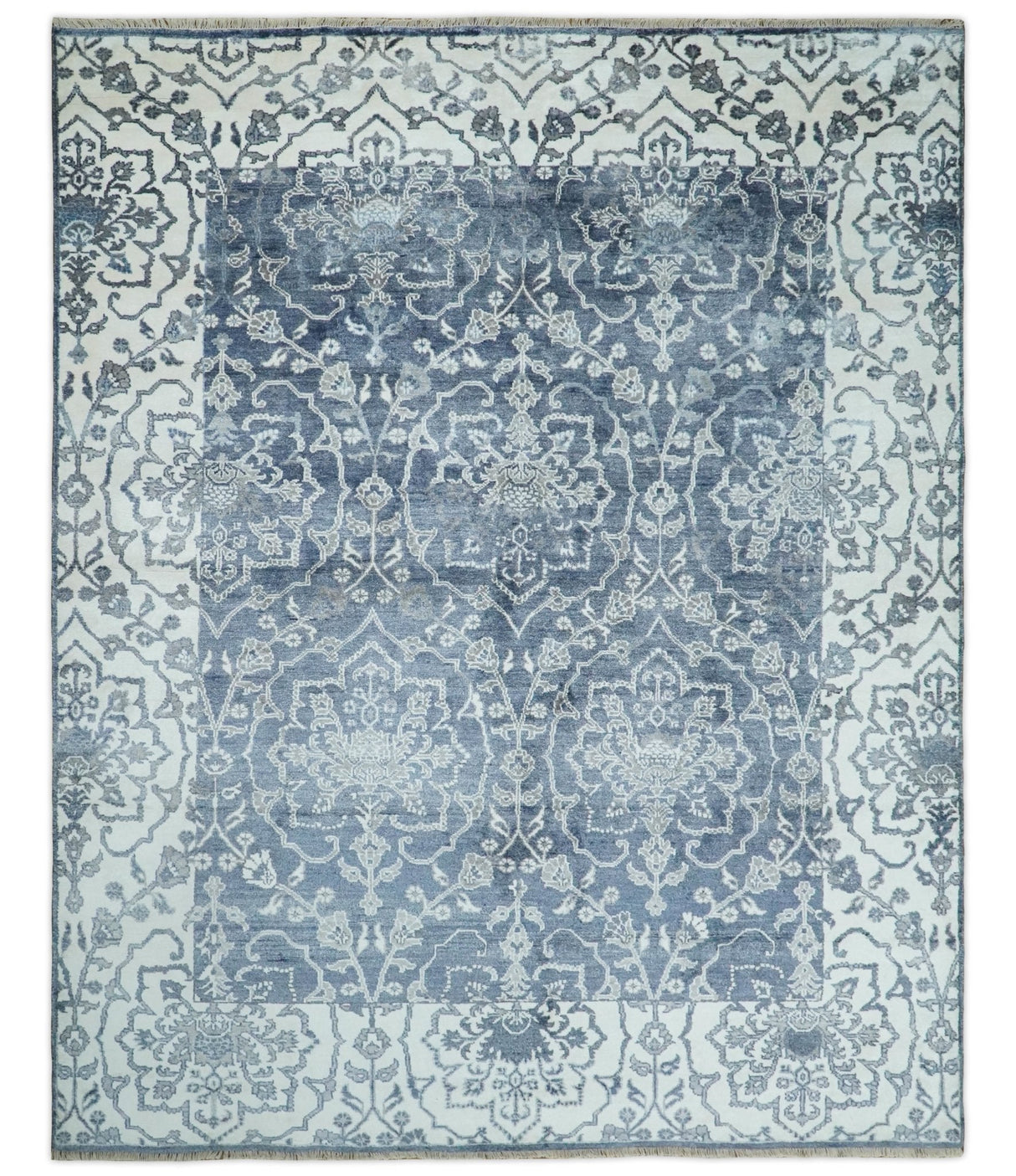 Large 8x10 Fine Hand Knotted Blue and Ivory Traditional Ikat Design Antique Floral Bamboo Silk Rug | TRDCP513810
