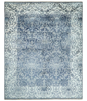 Large 8x10 Fine Hand Knotted Blue and Ivory Traditional Ikat Design Antique Floral Bamboo Silk Rug | TRDCP513810