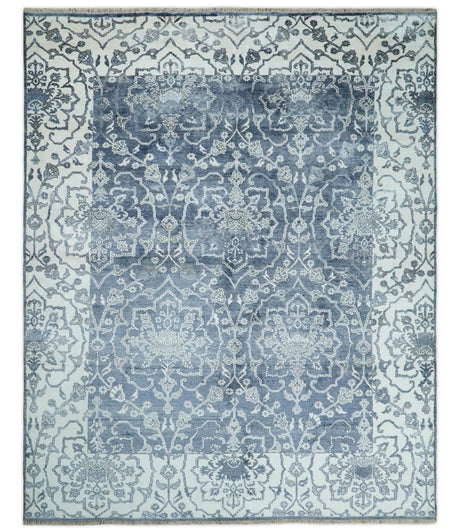 Large 8x10 Fine Hand Knotted Blue and Ivory Traditional Ikat Design Antique Floral Bamboo Silk Rug | TRDCP513810