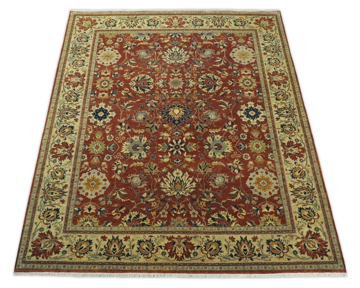 Large 8x10 Fine Hand Knotted Rust and Beige Traditional Vintage Style Mahal Antique Wool Rug | TRDCP468810