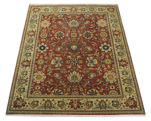 Large 8x10 Fine Hand Knotted Rust and Beige Traditional Vintage Style Mahal Antique Wool Rug | TRDCP468810