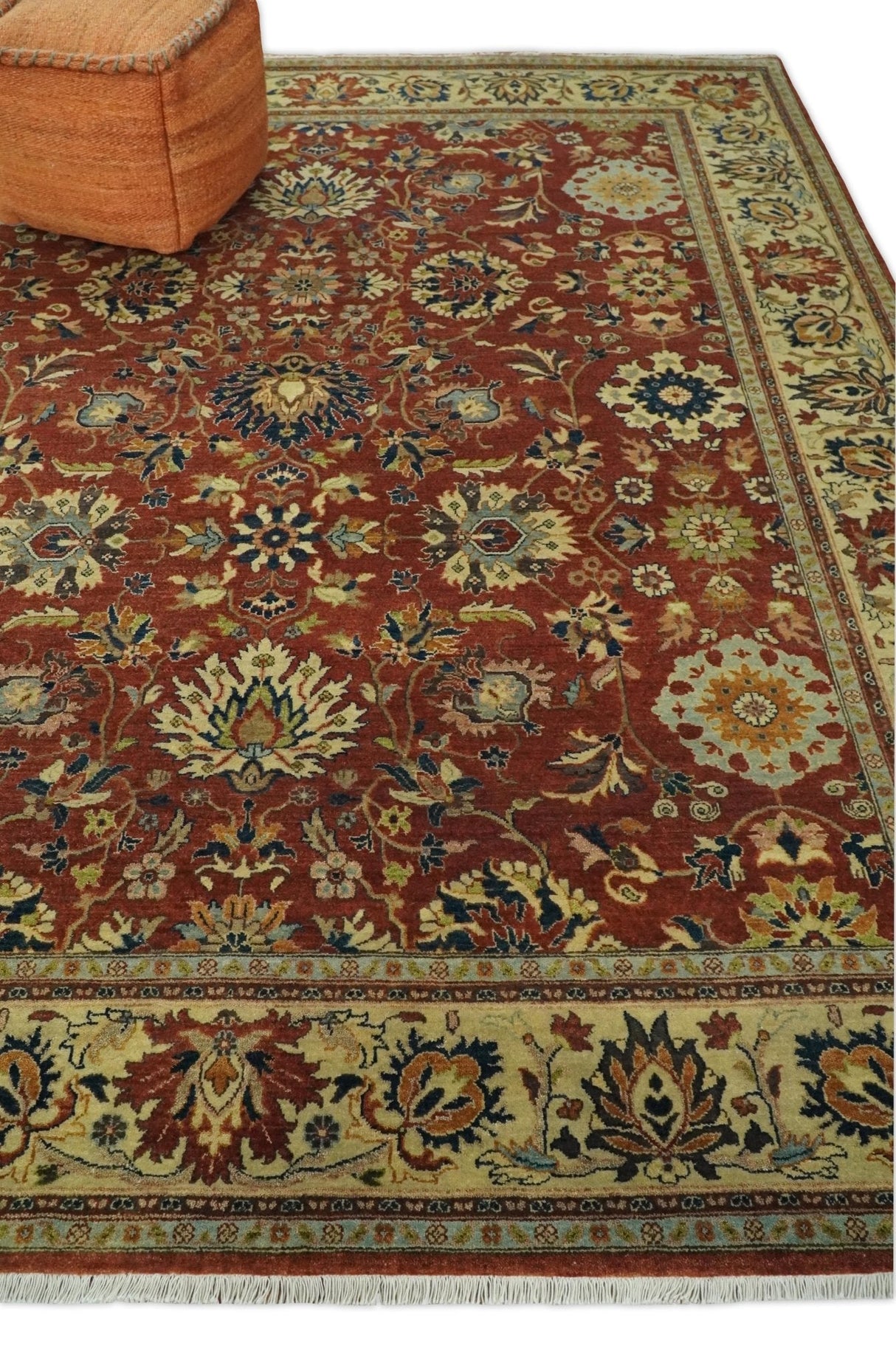 Large 8x10 Fine Hand Knotted Rust and Beige Traditional Vintage Style Mahal Antique Wool Rug | TRDCP468810