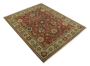 Large 8x10 Fine Hand Knotted Rust and Beige Traditional Vintage Style Mahal Antique Wool Rug | TRDCP468810