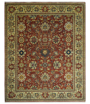Large 8x10 Fine Hand Knotted Rust and Beige Traditional Vintage Style Mahal Antique Wool Rug | TRDCP468810