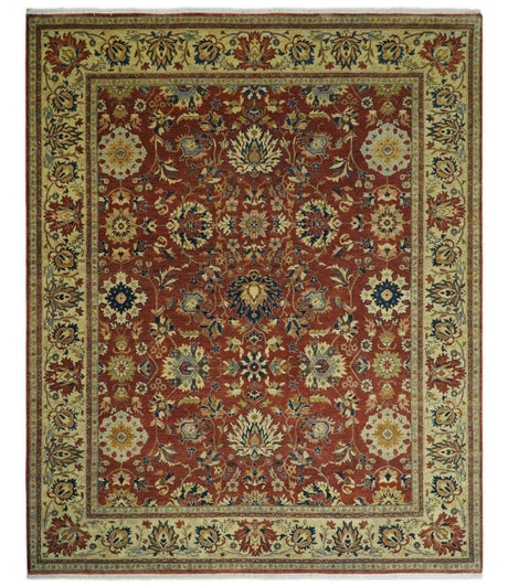 Large 8x10 Fine Hand Knotted Rust and Beige Traditional Vintage Style Mahal Antique Wool Rug | TRDCP468810