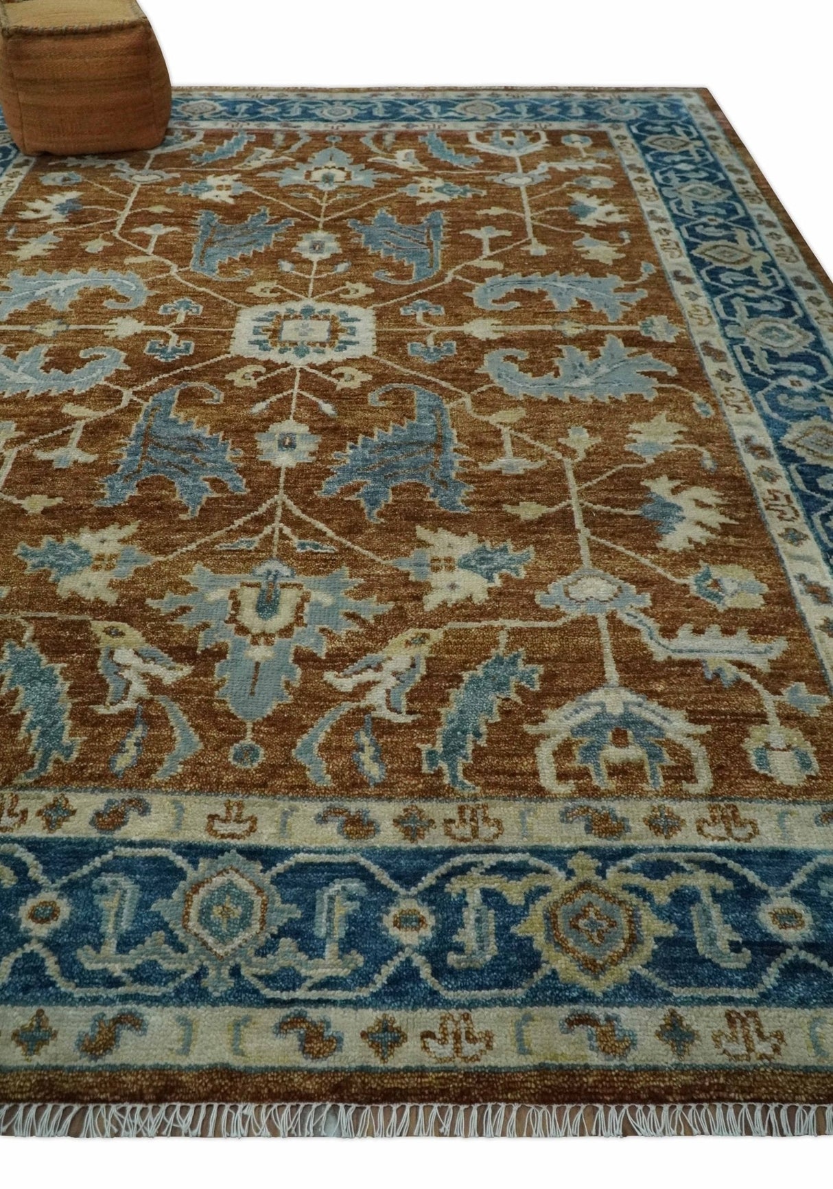 Large Rust and Blue 9x12 Hand Knotted Traditional Wool Turkish Design Area Rug